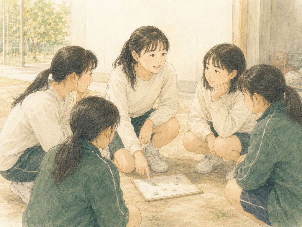 中学生になった同じ女の子が、グラウンドで仲間と輪になって作戦を話し合っている。