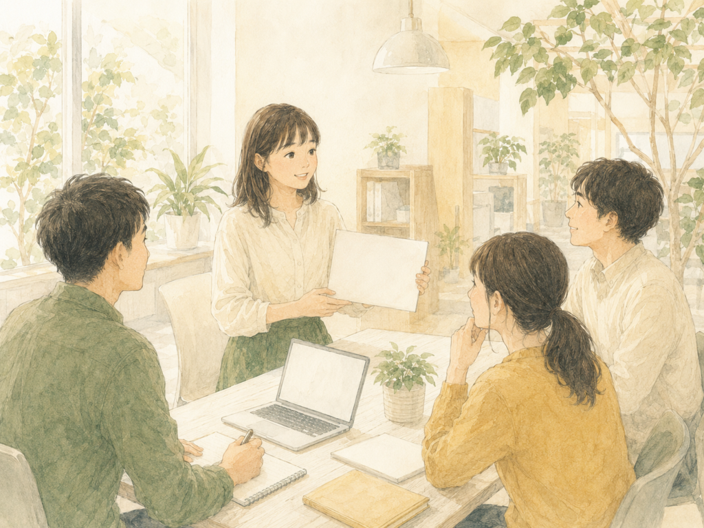 大人になった同じ人物が、明るいオフィスで資料を手に同僚へ提案している。
