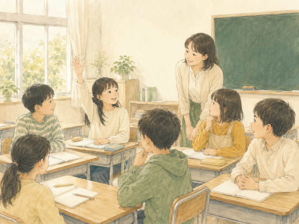 小学校の教室で、手を挙げて自分の考えを話している女の子。まわりの子が聞いている。
