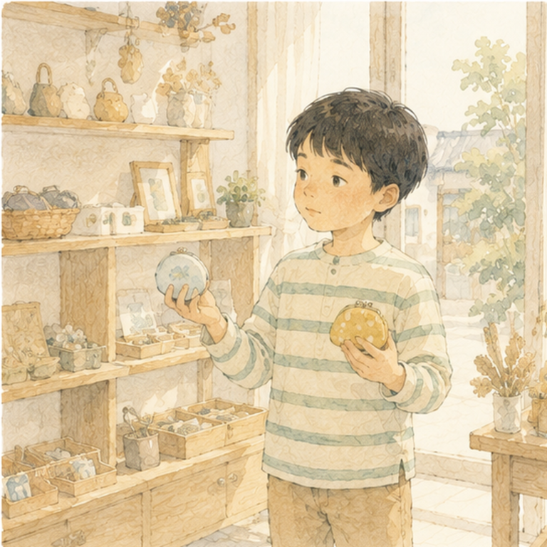 お店の棚の前で、ふたつの品物を手に取って迷っている小学生。