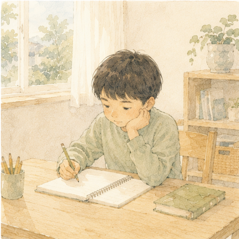 机にひじをついて、ひとりでノートに自分の考えを書いている小学生。