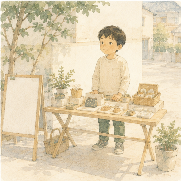 小さな机に品物を並べて、はじめてのお客さんを待っている小学生。