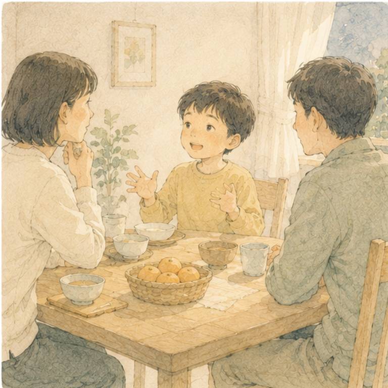 夕食のテーブルで、親に向かって身ぶりをまじえて話している小学生。
