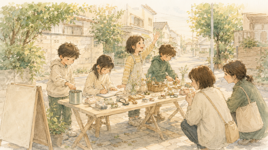 住宅街の一角で、小学生4人が折りたたみの机に手づくりの品物を並べ、小さな店を開いている。大人がしゃがんで品物を見ている。