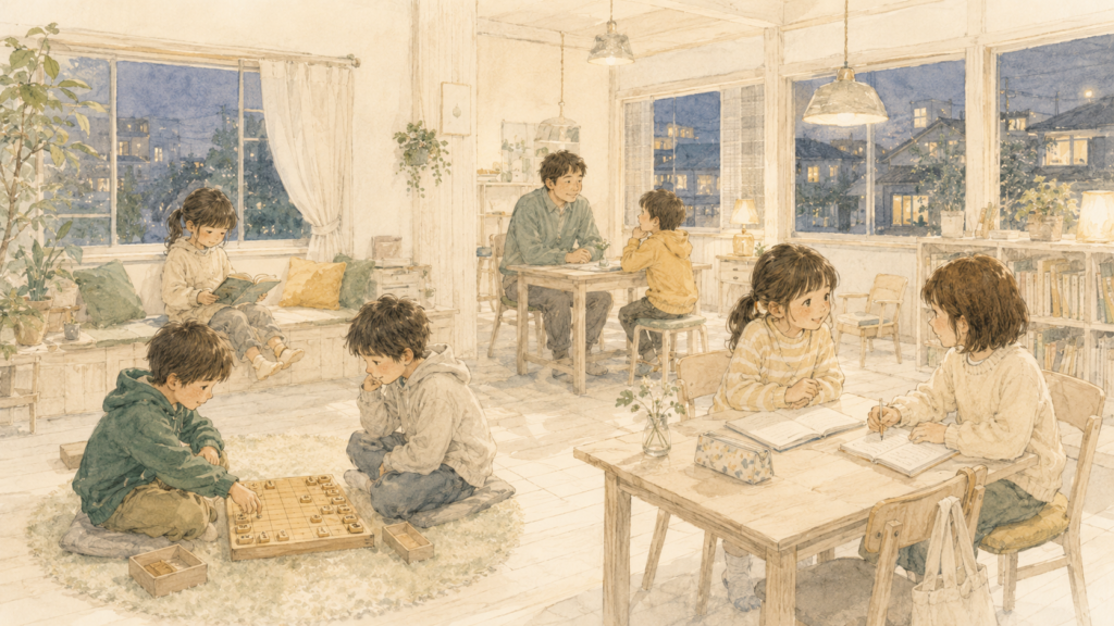夕方の教室。床でボードゲームをする子、窓ぎわで本を読む子、テーブルでノートを広げて話す子。奥の机で先生がひとりの子の話を聞いている。