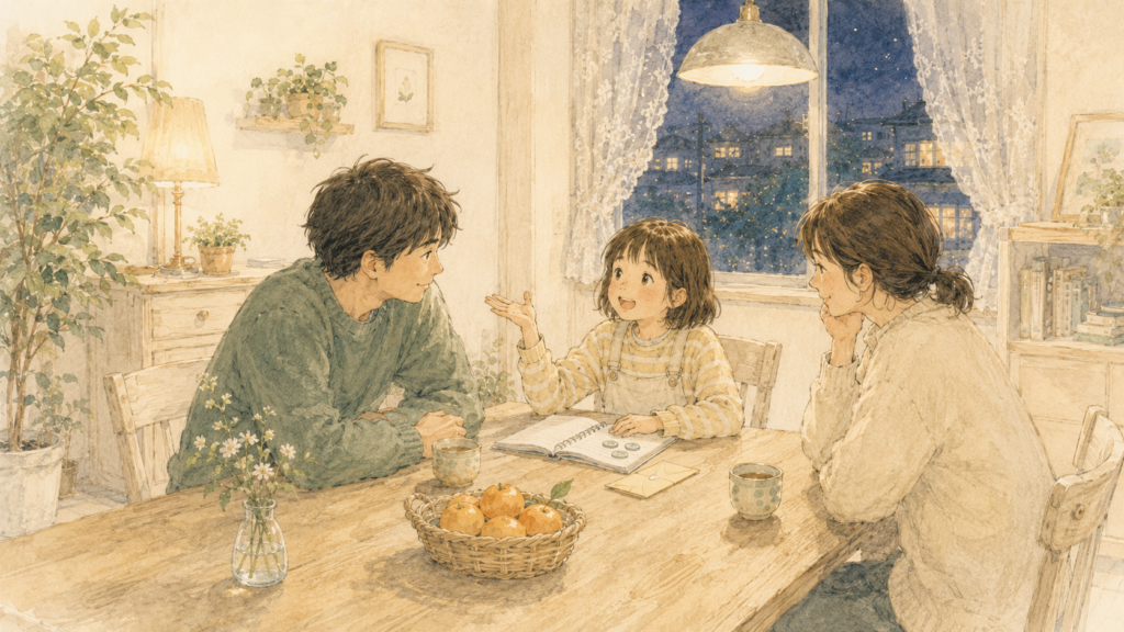 夕食のあとのダイニング。子どもがノートを開いて話し、両親がうなずいて聞いている。
