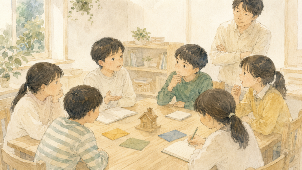 テーブルを囲む6人の小学生。ひとりが自分の考えを話し、うなずく子・首をかしげる子など反応が分かれている。先生は少し離れて見守っている。