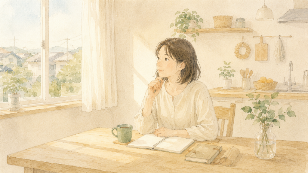 朝の台所のテーブルでノートを広げ、静かに考えごとをしている30歳くらいの女性。