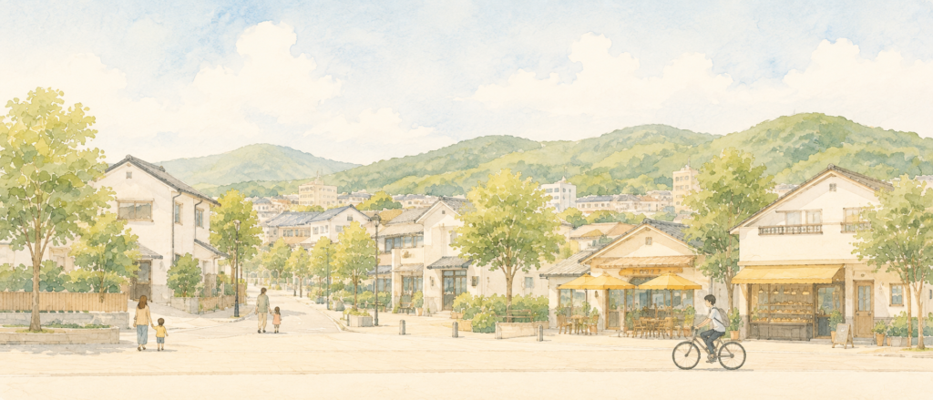 低い山を背景にした、おだやかな地方都市の街並み。街路樹とカフェ、歩く親子。