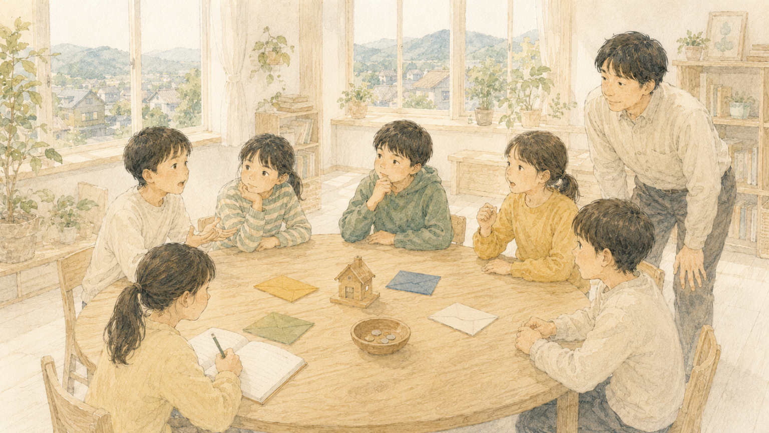 のどか村塾の授業のイメージ。丸い木のテーブルを6人の子どもが囲み、ひとりが自分の考えを話している。テーブルには色の違う封筒が4つと、木の家の模型、硬貨の入った器。先生は少し離れて見守っている。